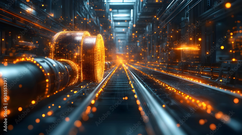 Futuristic railroad with glowing particles and a metal pipe.