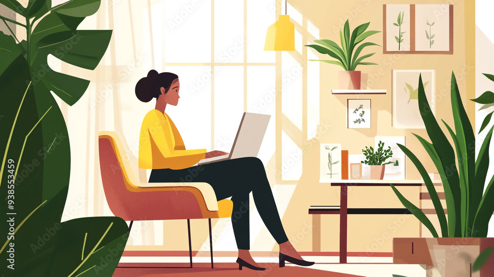 A woman enjoys a productive day working on her laptop in a bright, plant-filled home office during a sunny afternoon A woman enjoys a productive day working on her laptop in a bright, plant-filled home office during a sunny afternoon