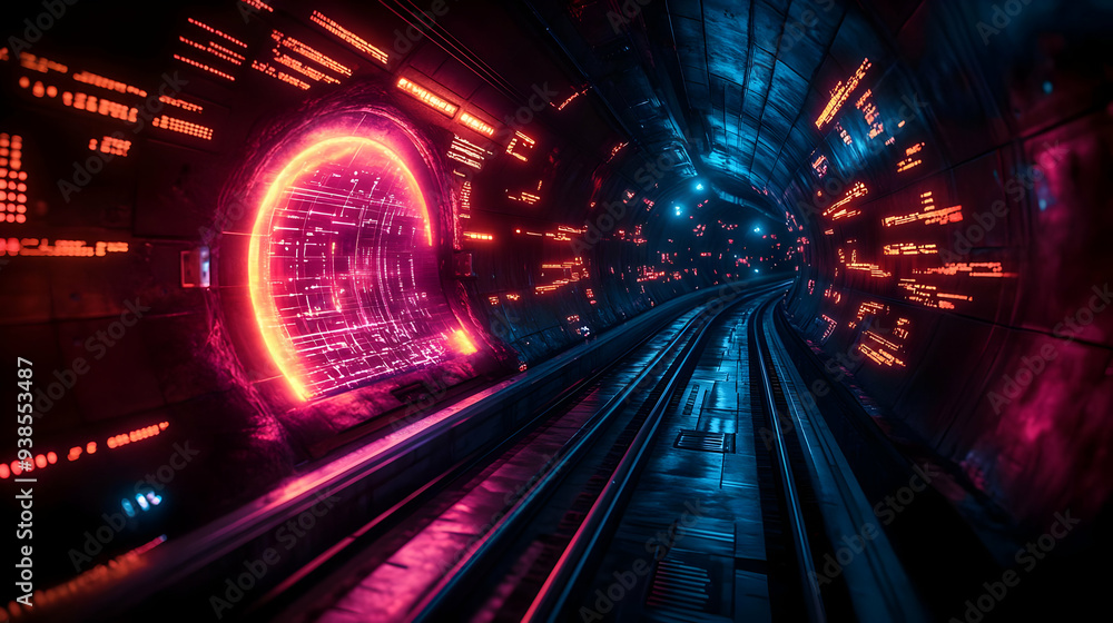Futuristic tunnel with neon lights and a glowing circular portal.