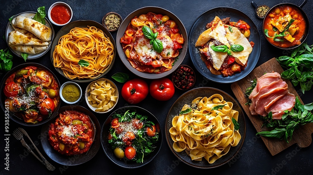 Italian food panorama Various pasta dishes overhead flat lay shot on a dark background : Generative AI Italian food panorama Various pasta dishes overhead flat lay shot on a dark background : Generative AI