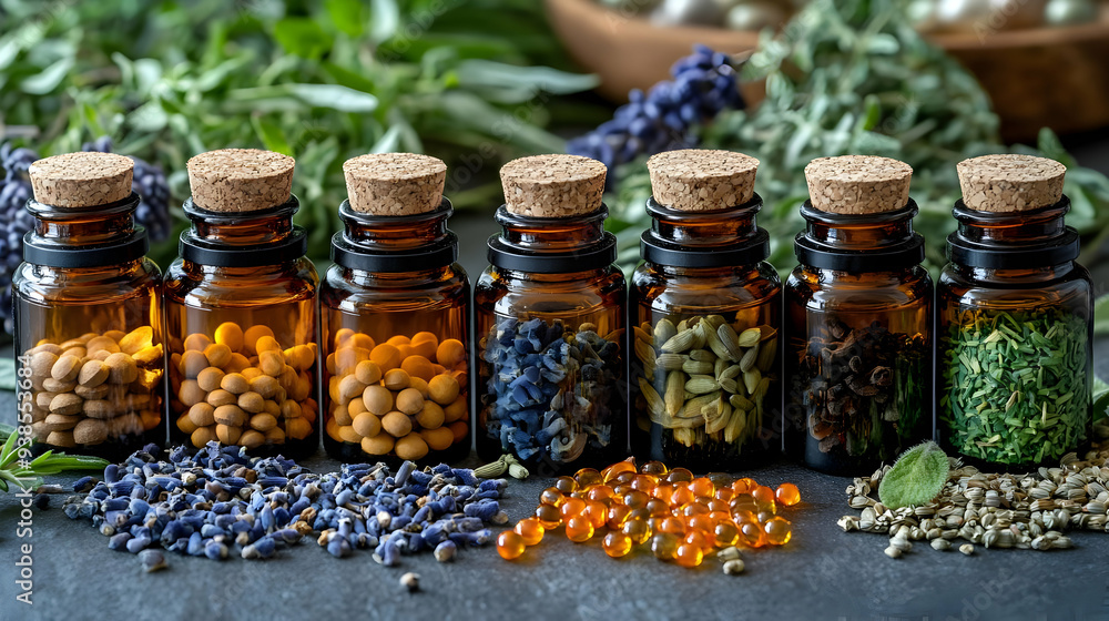 Glass bottles with natural herbal remedies and essential oils. Glass bottles with natural herbal remedies and essential oils.