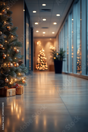 A Christmas tree and gifts in a modern office corridor, with lights on, a festive atmosphere, and minimalistic decor. 