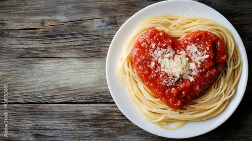 Heart shaped spaghetti with tomato sauce and parmesan cheeses on white plate with wooden backgroundHealthy vegeterian romantic art food idea for Valentines dinnerTop viewCopy space : Generative AI photo