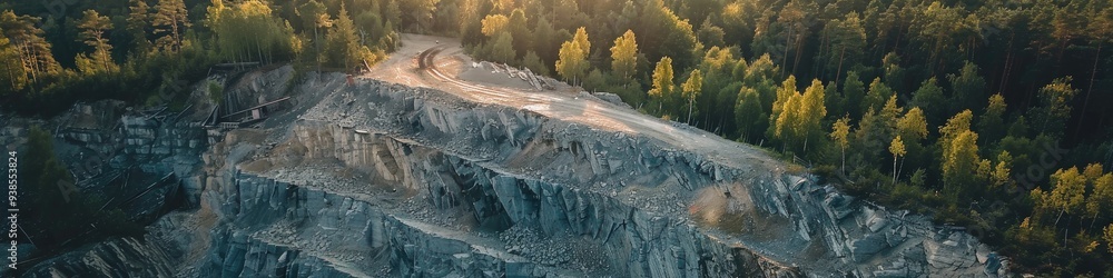Φωτογραφία Aerial perspective of a quarry featuring a rugged gray granite incline, partly shaded by trees and old waste rock piles in the morning