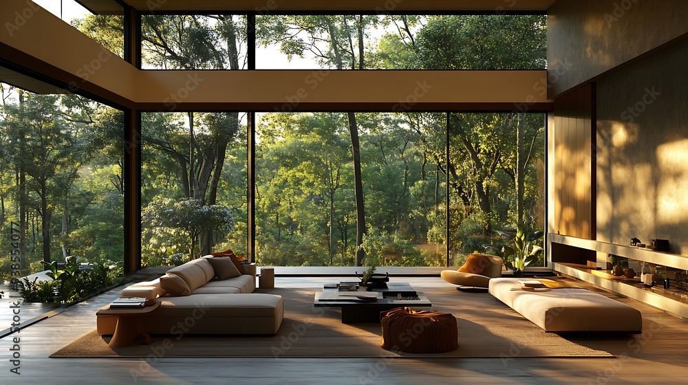 Fototapeta premium chic modern design of a dark expensive interior of a luxurious country house with huge panoramic windows and a magnificent view of the divine forest : Generative AI