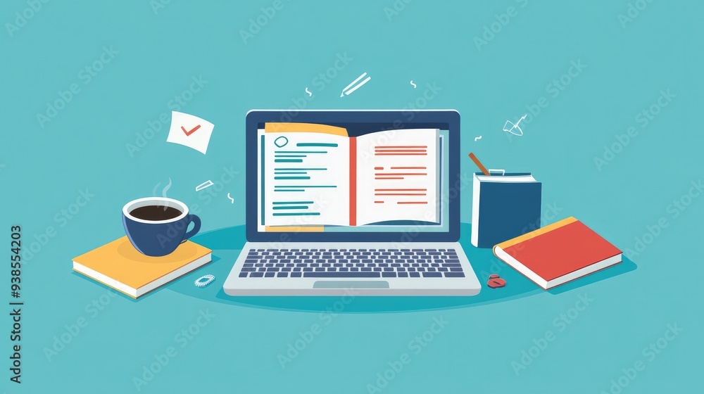 E-learning concept with a laptop open to an educational platform, surrounded by notebooks and coffee E-learning concept with a laptop open to an educational platform, surrounded by notebooks and coffee
