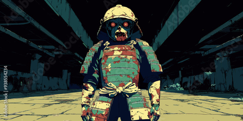 Dark Surreal Samurai Warrior in Post-Apocalyptic Urban Setting with Eerie Red Eyes and Distressed Armor Underneath a Dark Overpass