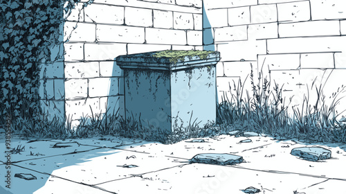 Forgotten Moss-Covered Stone Tomb in Overgrown Cemetery Corner with Ivy and Cracked Walls in a Melancholic Setting