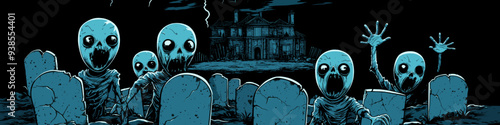 Creepy Cemetery Scene with Skeletal Zombies Emerging from Graves in Front of an Old Haunted Mansion at Night