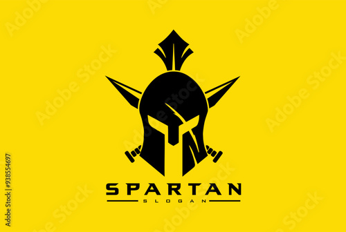 spartan logo and vector design helmet and head with shield and cross swords , gym and fitness logo	