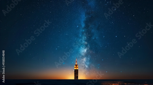 Milky Way Galaxy Over Illuminated Tower at Sunset