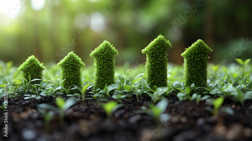 Green arrow shapes made of grass growing from the ground. photo