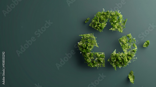 Green Recycling Symbol Made of Plants on Dark Background