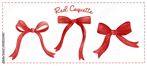 Red Coquette ribbon bow set vintage Aesthetic watercolor vector banner