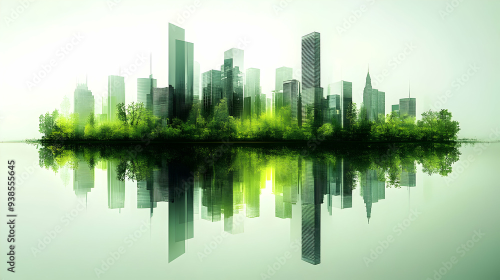 Obraz premium Green cityscape with reflection in water.