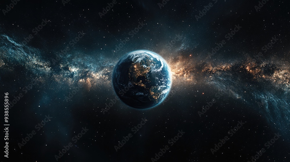 Earth floating in the darkness of space, surrounded by stars and a stunning galaxy Earth floating in the darkness of space, surrounded by stars and a stunning galaxy