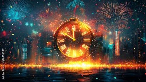 Dynamic Countdown Clock Background with Fireworks City Lights and Confetti for Exciting New Year’s Eve Events and Party Promotions