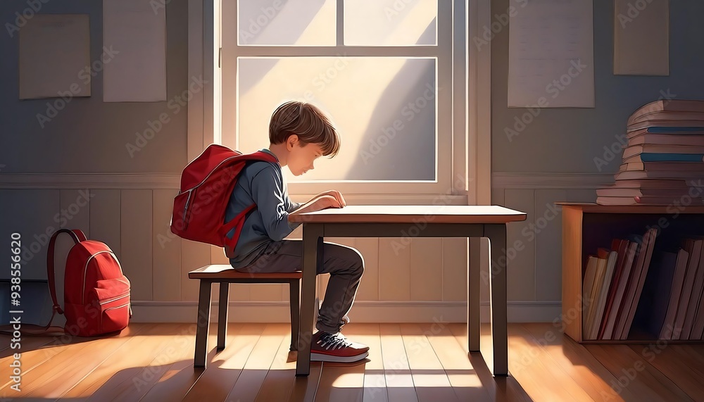 A young boy sitting alone in a small, minimalist classroom with wooden flooring, wearing a red backpack A young boy sitting alone in a small, minimalist classroom with wooden flooring, wearing a red backpack