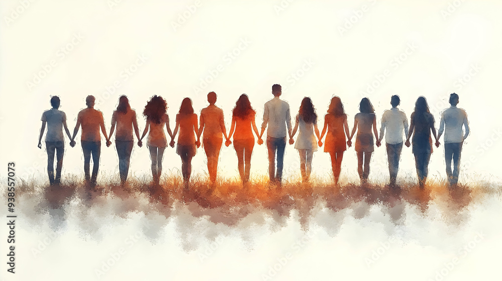 Group of friends holding hands walking together. Group of friends holding hands walking together.