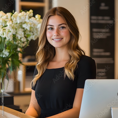 The Welcoming Smile of Customer Service: A young woman radiates warmth and competence behind a reception desk, embodying the spirit of service and hospitality. 