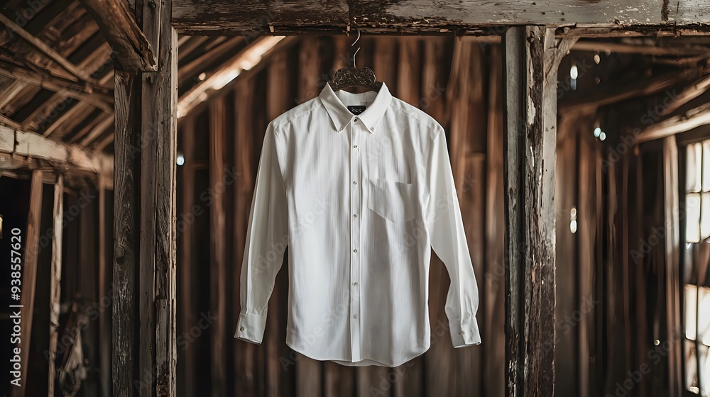 Naklejka premium Rustic Simplicity: A crisp white shirt hangs against a weathered barn wall, a study in texture and light. 