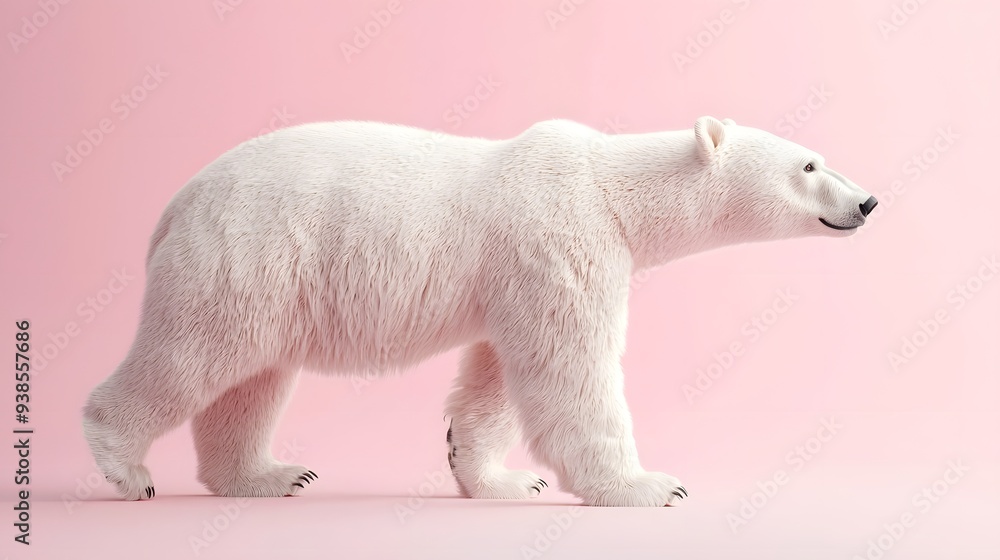 Fototapeta premium Arctic Majesty on Pink: A majestic polar bear strides confidently against a vibrant pink backdrop, its pristine white fur contrasting beautifully with the playful background. 