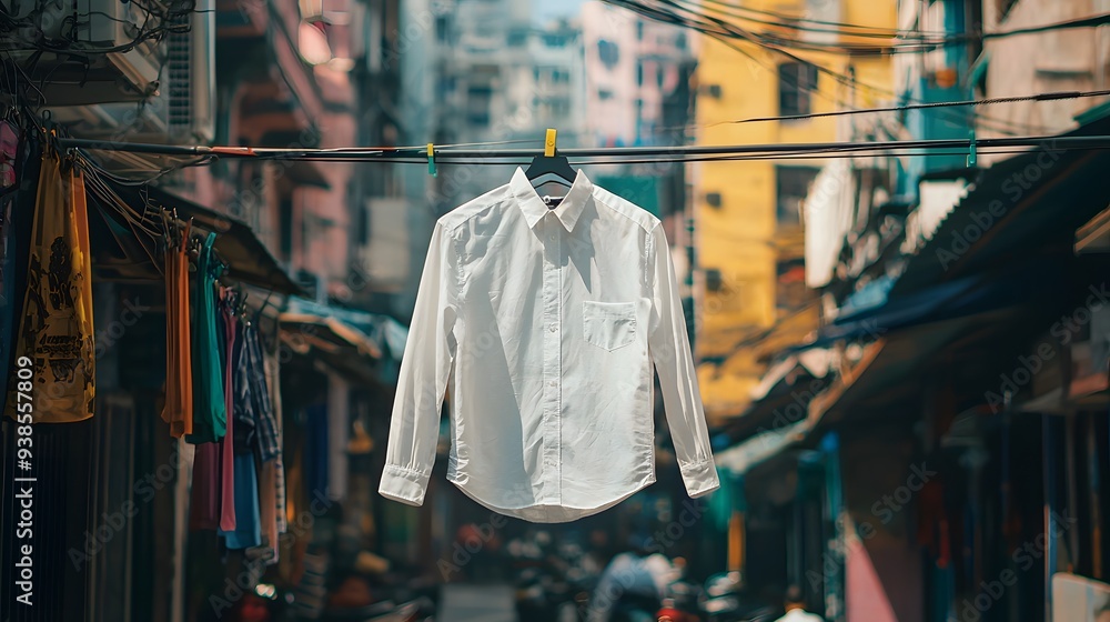 Urban Laundry Day: A crisp white shirt hangs on a clothesline, drying in the vibrant, bustling alleyways of city life, offering a glimpse into everyday routines. Urban Laundry Day: A crisp white shirt hangs on a clothesline, drying in the vibrant, bustling alleyways of city life, offering a glimpse into everyday routines.