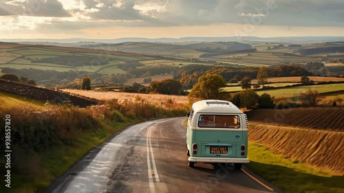A road trip adventure in a vintage van, winding through picturesque countryside roads.