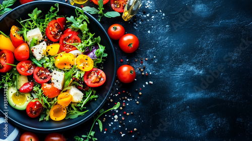 Fresh and Colorful Tomato Salad with Mixed Greens, Feta Cheese, and Olive Oil on Dark Background