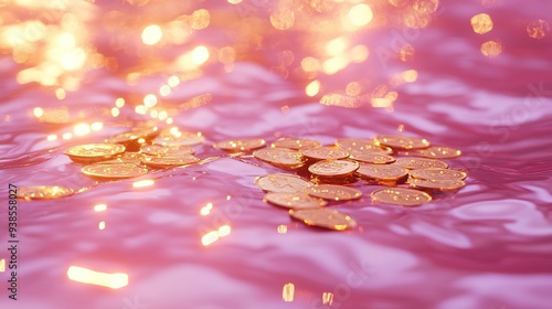 Enchanted Sparkling Water Reflects Pink and Gold, Submerged Treasure of Gold Coins, Photorealistic Fantasy with Dreamy Symbolism and Opulent Gold Palette. photo