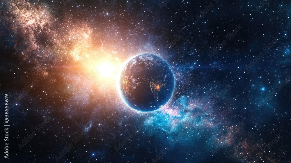 Earth illuminated by the sun, set against a star-filled galaxy in the infinite universe Earth illuminated by the sun, set against a star-filled galaxy in the infinite universe