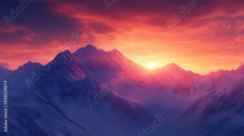 Majestic Mountain Range at Sunset with Dramatic Sky and Snowy Peaks.