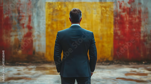 Man in suit standing in front of colorful wall. photo