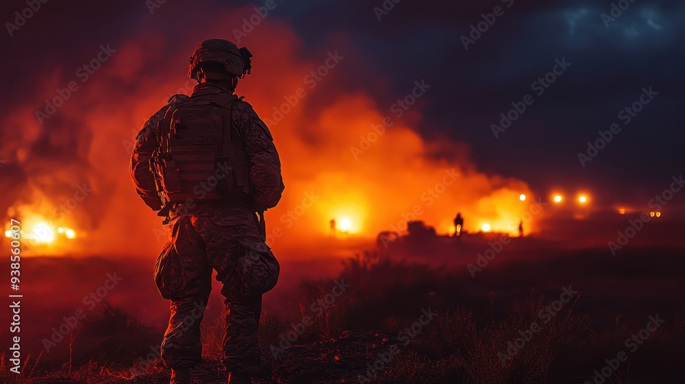 Silhouette of Soldier in Combat Zone with Fire and Smoke in Background. Silhouette of Soldier in Combat Zone with Fire and Smoke in Background.
