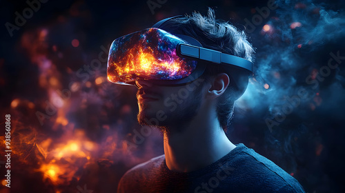 Man wearing VR headset looking at vibrant, colorful virtual world.