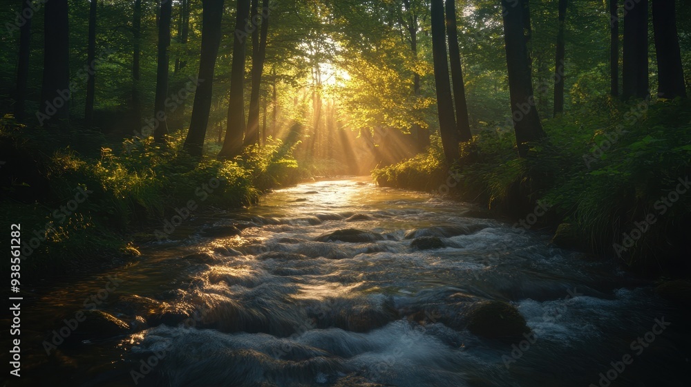 Fototapeta premium Sunbeams Illuminating a Tranquil Stream in a Lush Forest.