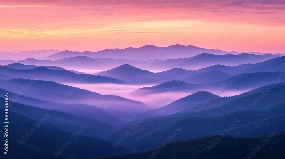 Obraz premium Serene Purple Mountains at Sunrise with Misty Layers and Pink Sky.