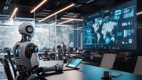 Futuristic Robot in Modern Office Setting with Global Data Display