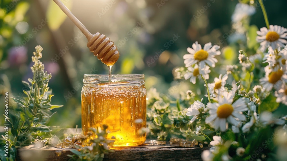 Fresh honey dripping from a dipper into a jar, with flowers and herbs in the background Fresh honey dripping from a dipper into a jar, with flowers and herbs in the background