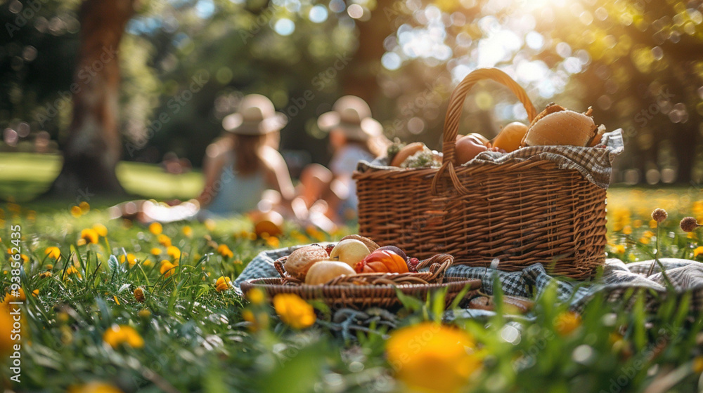 Family having a picnic in the park, blanket on the grass, basket with food, sunny day Family having a picnic in the park, blanket on the grass, basket with food, sunny day