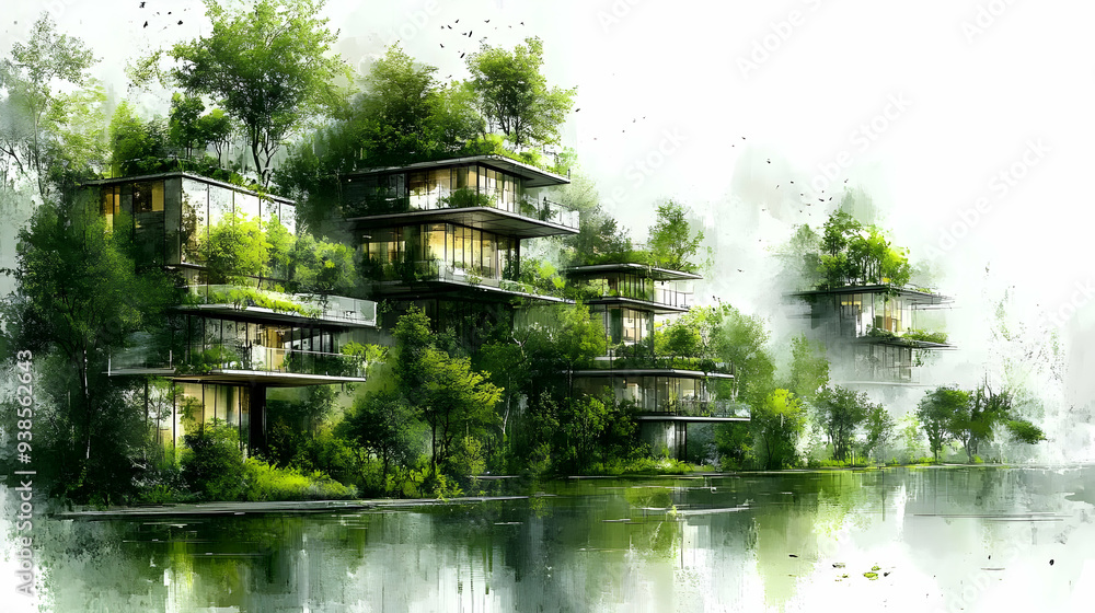 Modern architecture with green roofs and balconies overlooking a lake. Modern architecture with green roofs and balconies overlooking a lake.