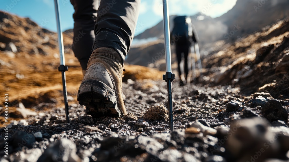 Closeup of Hiking Boots on a Mountain Trail, Trekking Poles in the Foreground. Closeup of Hiking Boots on a Mountain Trail, Trekking Poles in the Foreground.