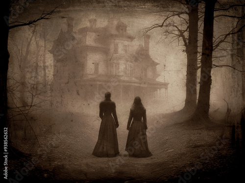 Two Victorian era women, wearing long dresses, walk toward a haunted mansion in the foggy woods. 