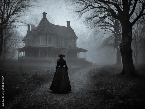 A Victorian era woman walks through the foggy woods toward an old haunted house.