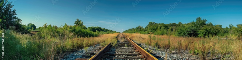 Abandoned railway tracks featuring a yellow safety line surrounded by vibrant greenery under a clear blue sky. Abandoned railway tracks featuring a yellow safety line surrounded by vibrant greenery under a clear blue sky.