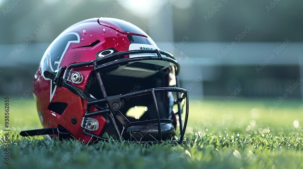 Red and Black Football Helmet on Dew-Covered Grass Red and Black Football Helmet on Dew-Covered Grass