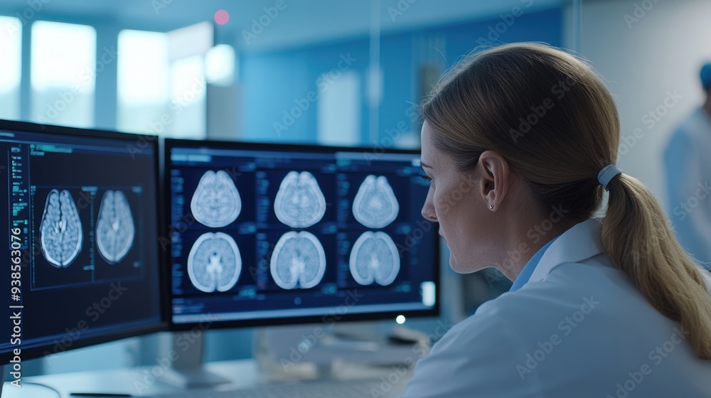 A medical professional analyzing brain scans on dual monitors in a ...