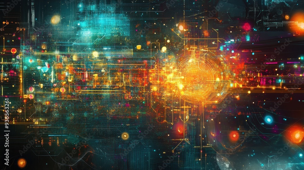 Abstract Digital Network with Glowing Lights and Circuits - Futuristic Technology Background. Abstract Digital Network with Glowing Lights and Circuits - Futuristic Technology Background.