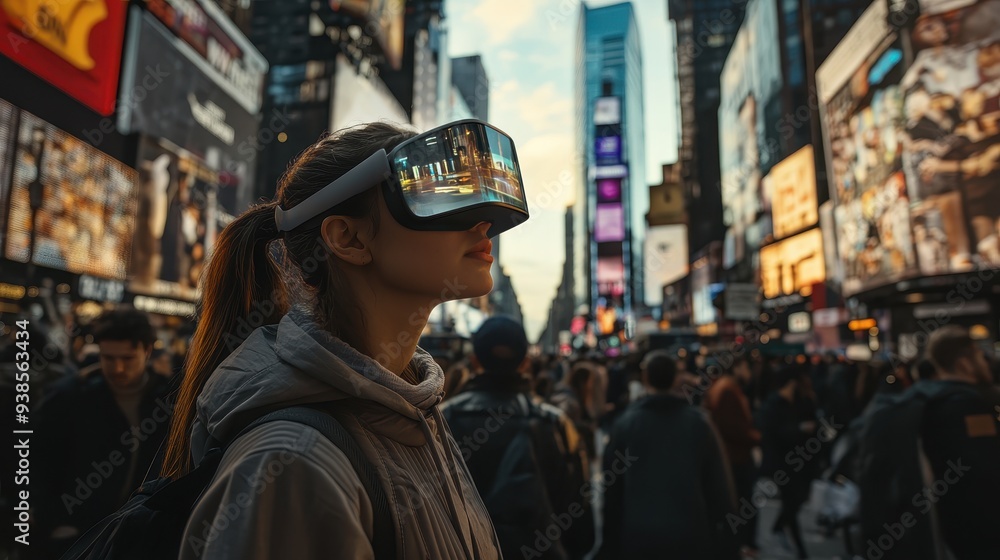 Woman Exploring Virtual Reality in Times Square, New York City. Woman Exploring Virtual Reality in Times Square, New York City.