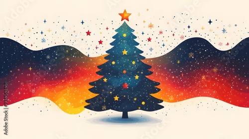 Colorful geometric style Christmas tree with abstract vector elements and stars, flat cartoon illustration for New Year 2025 on a white background. photo